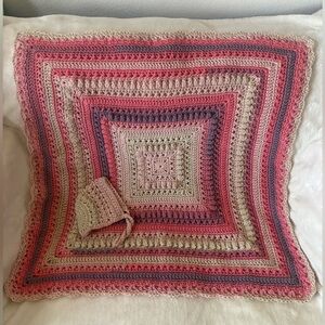 Hand Crafted Pink, Cream & Purple Crochet Baby Blanket with Matching Bonnet
